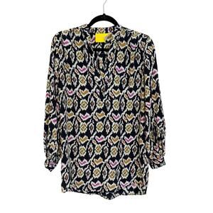Aaron Ashe Tunic Blouse Womens XS Black 100% Silk Geometric Heart Casual USA